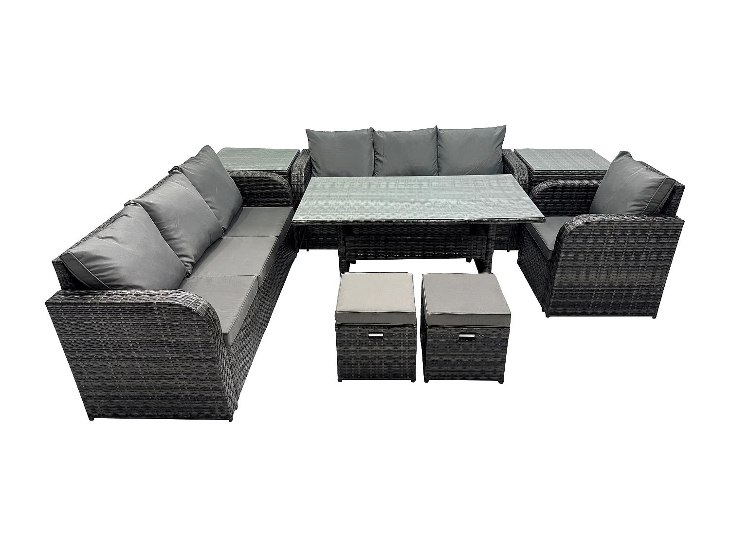 Fimous 9 Seater Outdoor Rattan Garden Furniture Set Oblong Rectangular Dining Table and Chairs Set with 3 Seater Sofa 2 Small Footstools 2 Side Tables