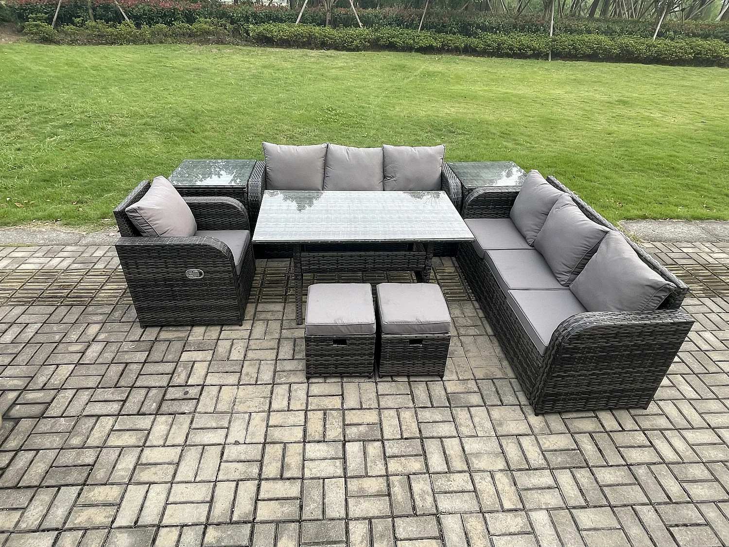 Fimous 9 Seater Outdoor Rattan Garden Furniture Set Oblong Rectangular Dining Table and Chairs Set with 3 Seater Sofa 2 Small Footstools 2 Side Tables