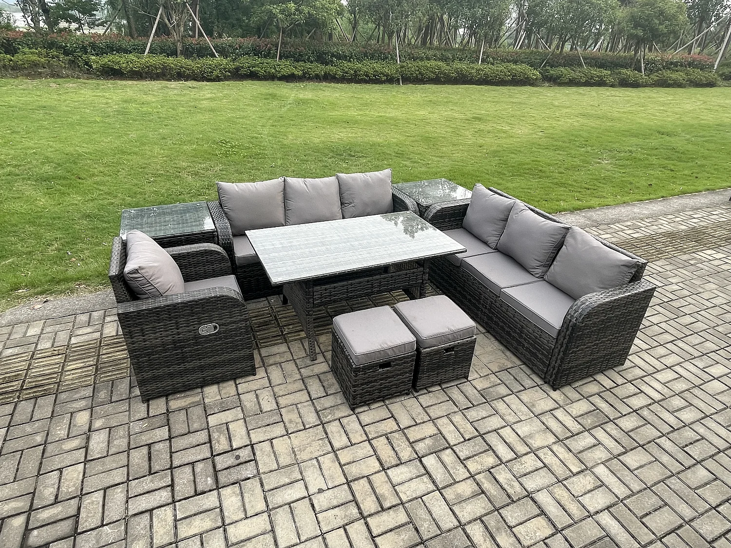 Fimous 9 Seater Outdoor Rattan Garden Furniture Set Oblong Rectangular Dining Table and Chairs Set with 3 Seater Sofa 2 Small Footstools 2 Side Tables