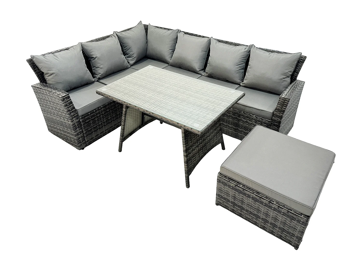 7 Sitzer Hoher Rücken Rattan Gartenmöbel-Set Ecksofa mit Länglicher Esstisch Hocker