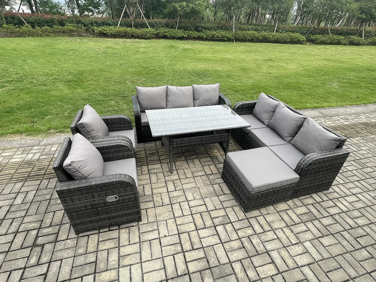 Fimous 6 Piece Rattan Garden Furniture Set with Patio Sofa Rectangular Dining Table Big Footstool Indoor Conservatory Patio Set