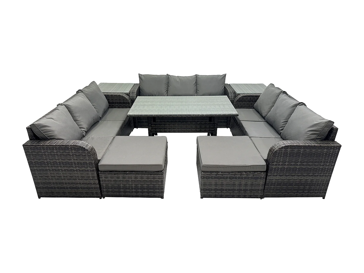 Fimous Wicker PE Rattan Sofa Outdoor Garden Furniture Set with Rectangular Dining Table 2 Big Footstool 2 Side Tables Dark Grey Mixed