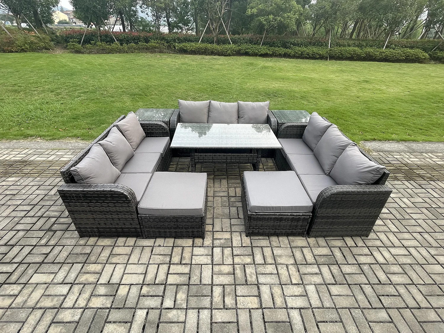 Fimous Wicker PE Rattan Sofa Outdoor Garden Furniture Set with Rectangular Dining Table 2 Big Footstool 2 Side Tables Dark Grey Mixed