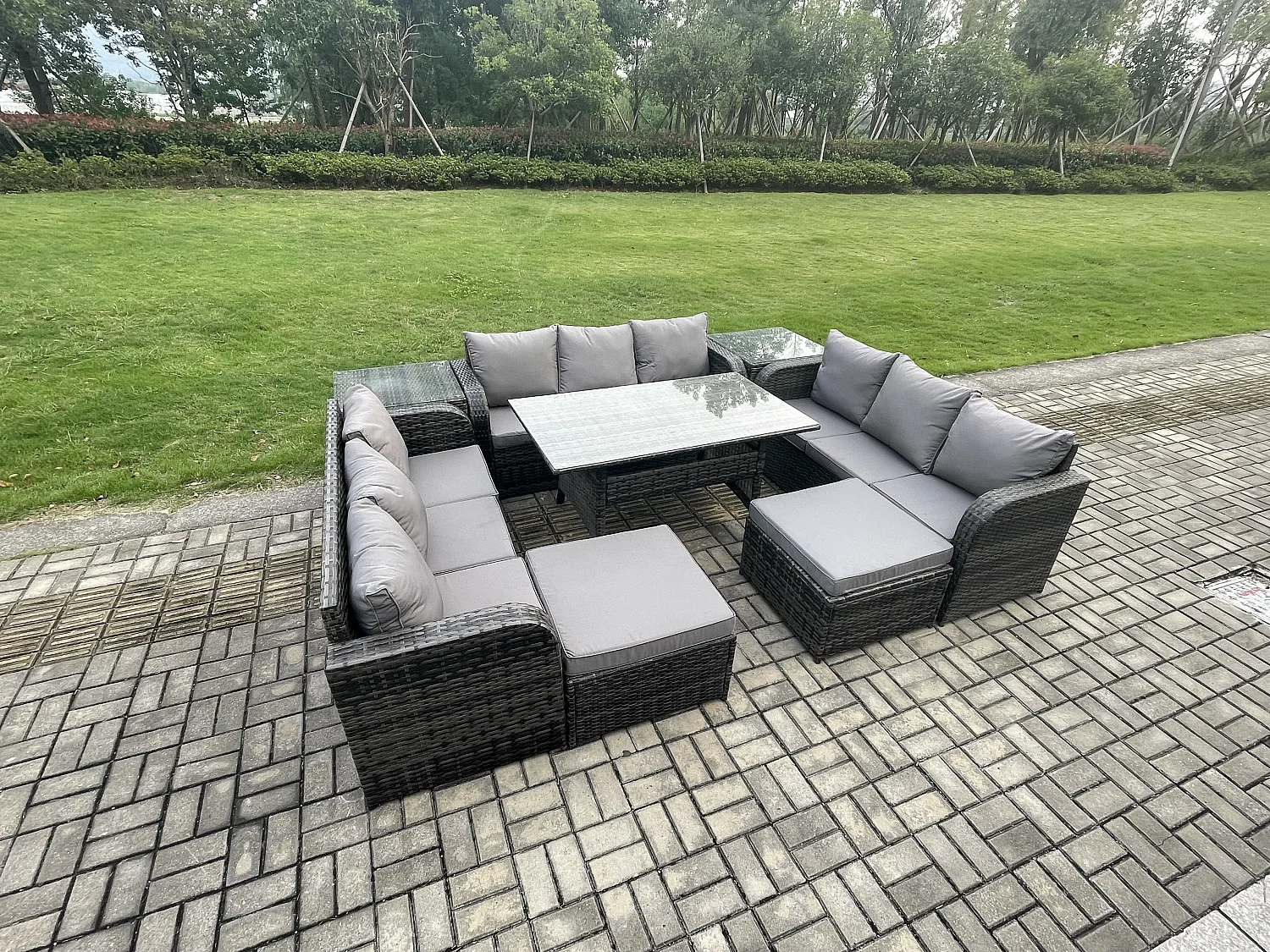 Fimous Wicker PE Rattan Sofa Outdoor Garden Furniture Set with Rectangular Dining Table 2 Big Footstool 2 Side Tables Dark Grey Mixed