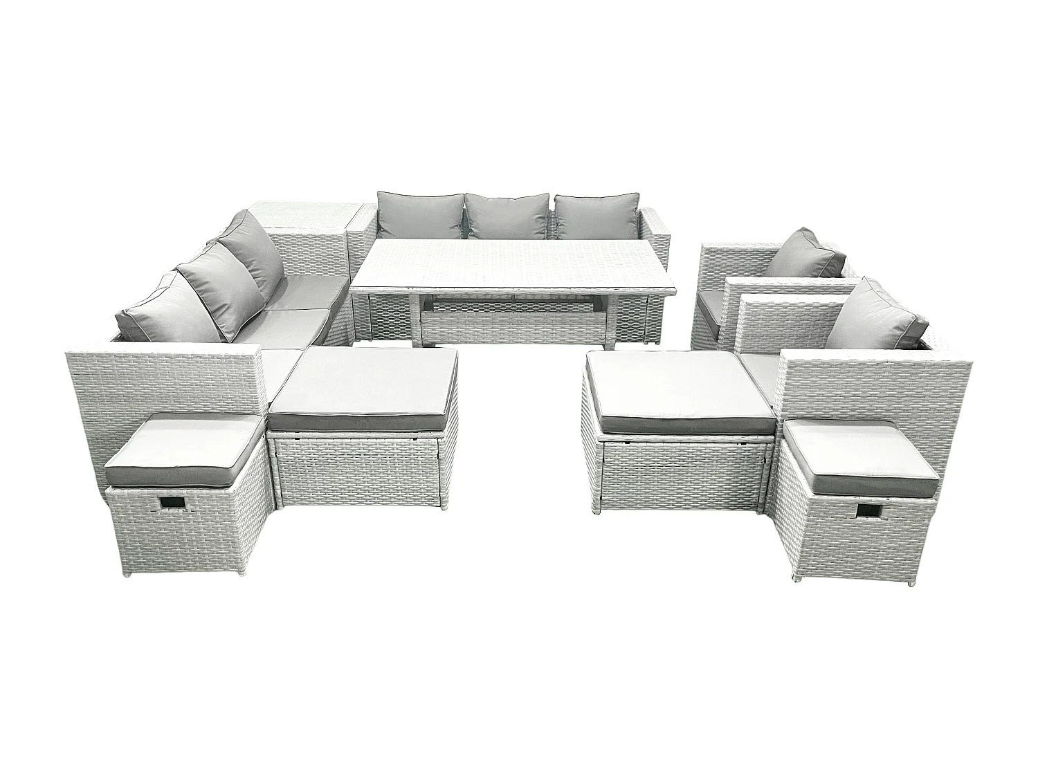 Fimous Rattan Garden Furniture Dining Set 12 Seater Lounge Sofa Chair Dining Table Set with 4 Footstools Side Table Light Grey Mixed