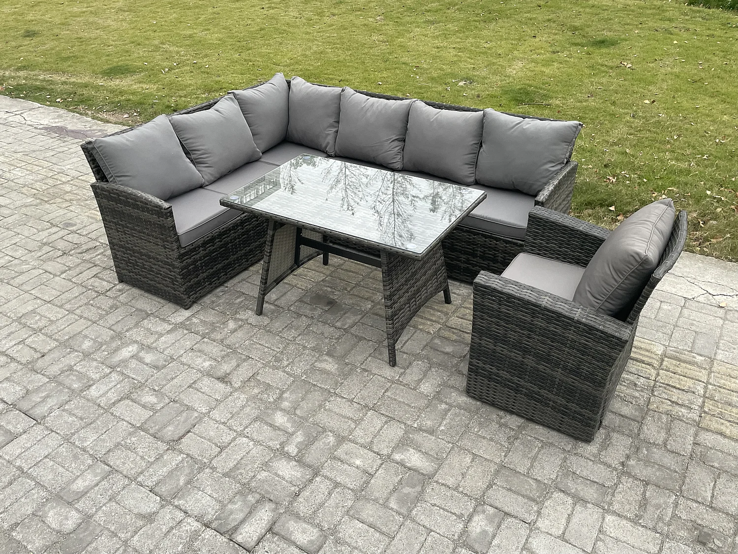 Outdoor Gartenmöbel-Set Ecksofa Set mit Länglicher Esstisch Sesseln 7 Sitzer Dunkelgrau gemischt