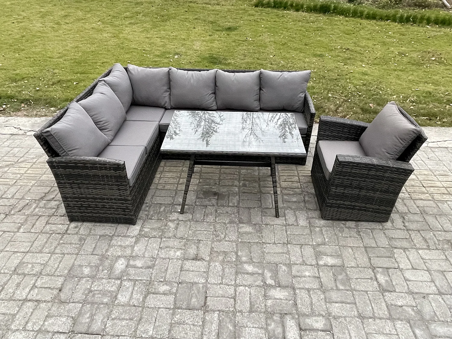 Outdoor Gartenmöbel-Set Ecksofa Set mit Länglicher Esstisch Sesseln 7 Sitzer Dunkelgrau gemischt