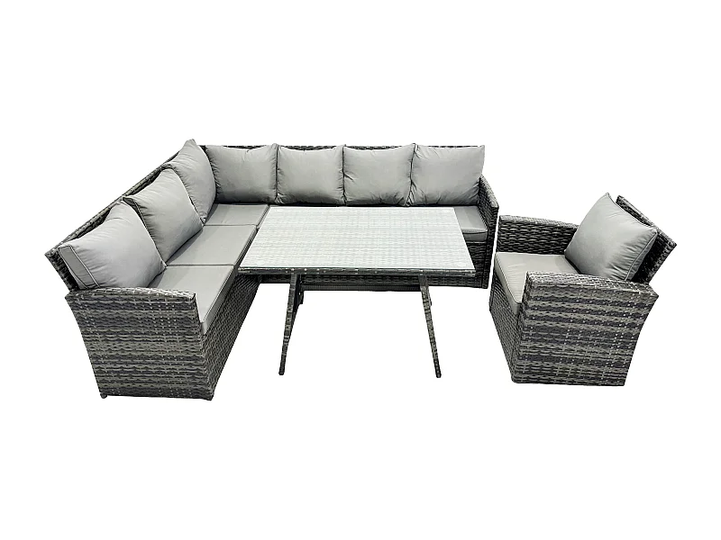 Outdoor Gartenmöbel-Set Ecksofa Set mit Länglicher Esstisch Sesseln 7 Sitzer Dunkelgrau gemischt