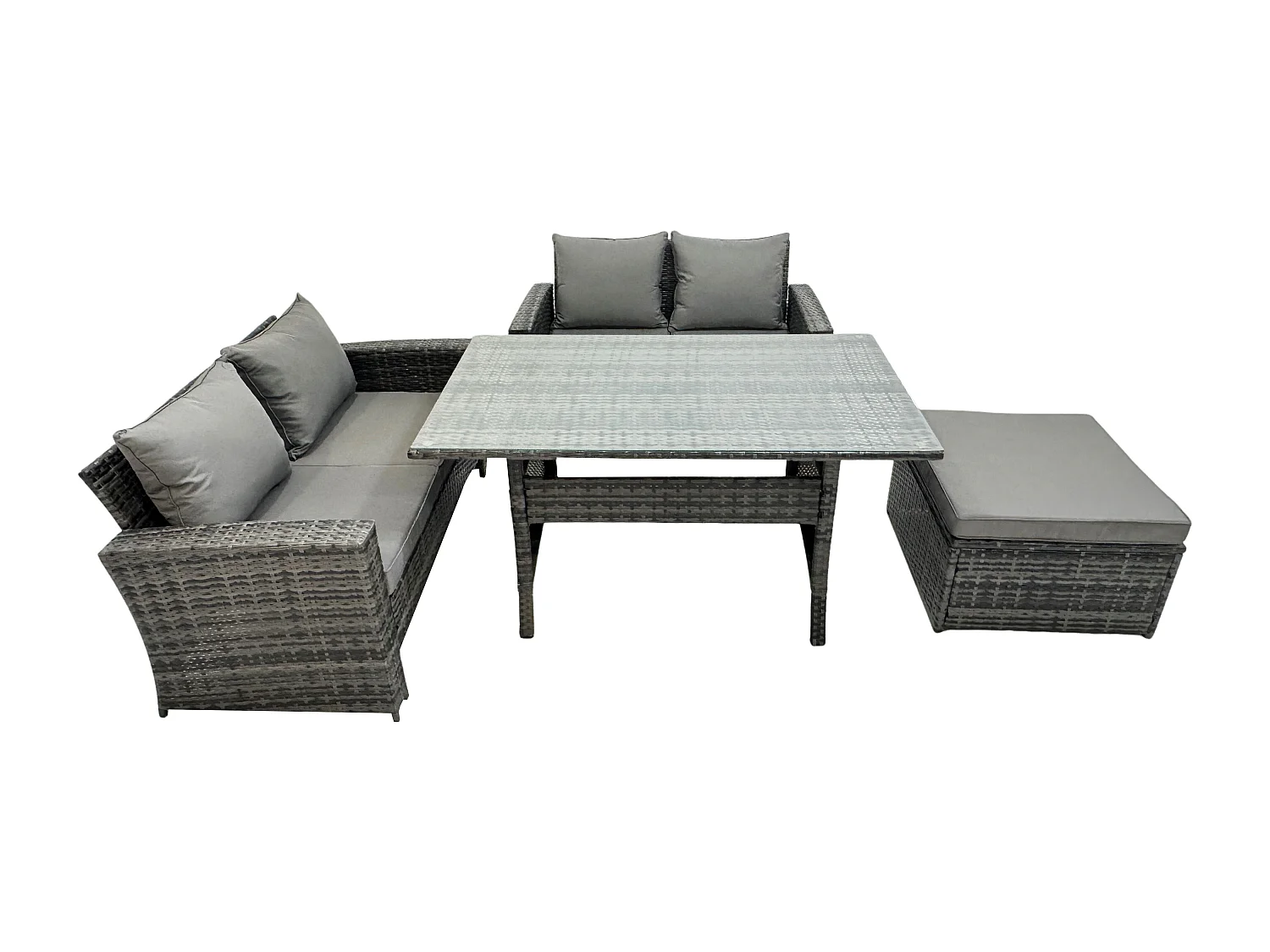 Fimous Dark Grey PE Wicker Rattan Garden Furniture Set Love Sofa Outdoor Rectangular Dining Table Big Footstool