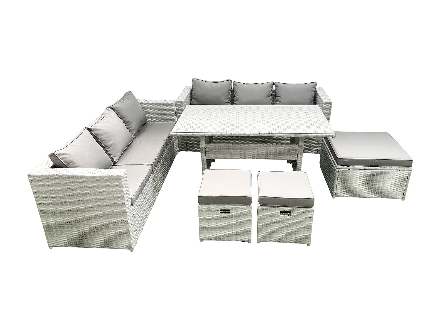 Fimous Rattan Garden Furniture Set 9 Seater Outdoor Sofa Set with Dining Table 3 Footstools Light Grey Mixed