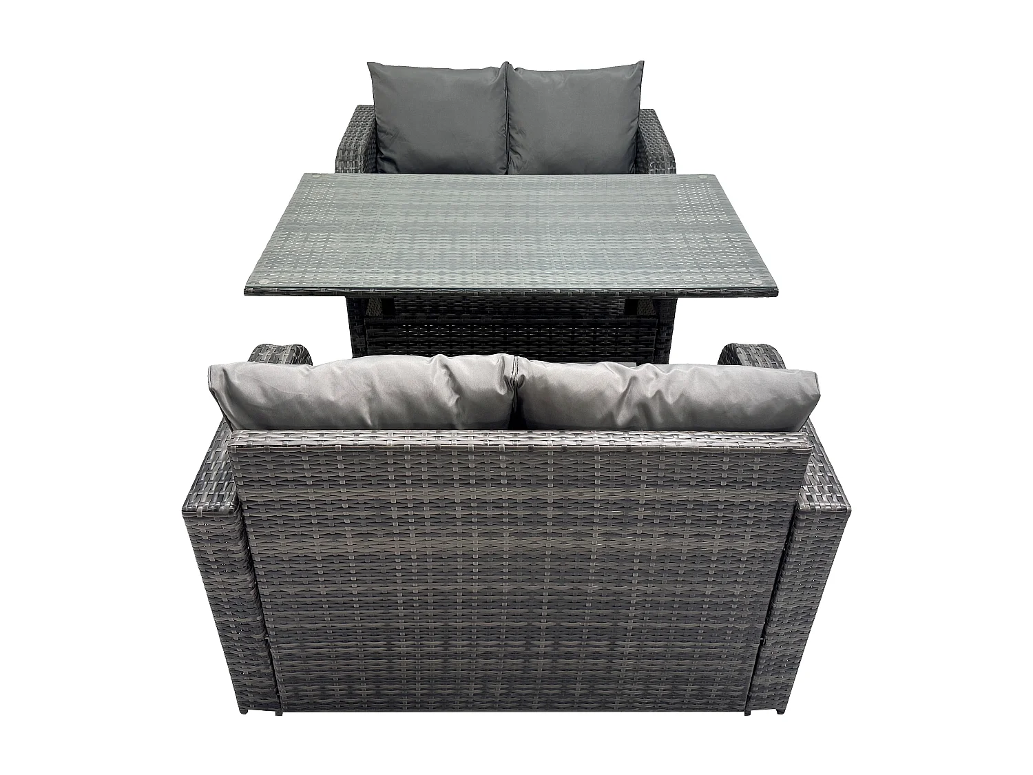 Terrassen Rattan Gartenmöbel-Set mit Langer rechteckiger Esstisch 4 Sitzer Outdoor Loveseat Sofa Set Dunkelgrau gemischt