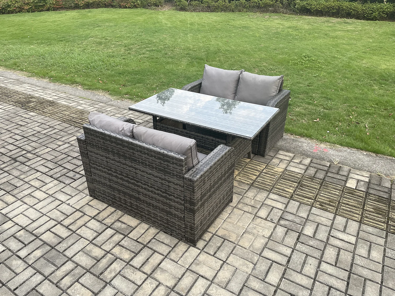 Terrassen Rattan Gartenmöbel-Set mit Langer rechteckiger Esstisch 4 Sitzer Outdoor Loveseat Sofa Set Dunkelgrau gemischt