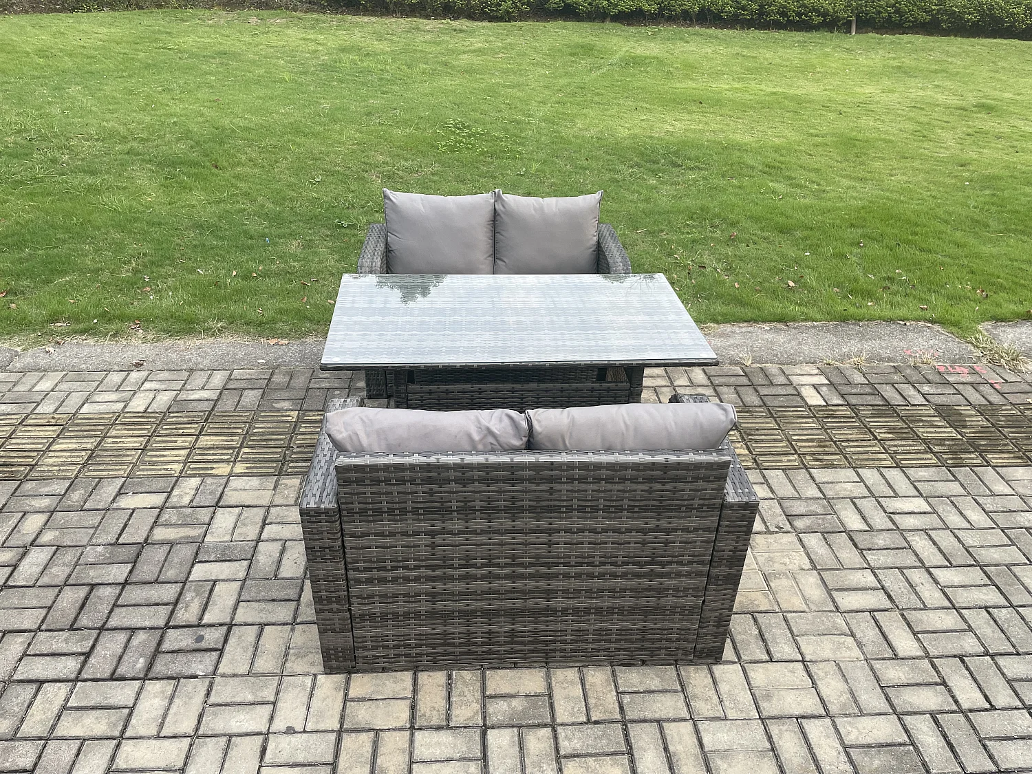 Terrassen Rattan Gartenmöbel-Set mit Langer rechteckiger Esstisch 4 Sitzer Outdoor Loveseat Sofa Set Dunkelgrau gemischt