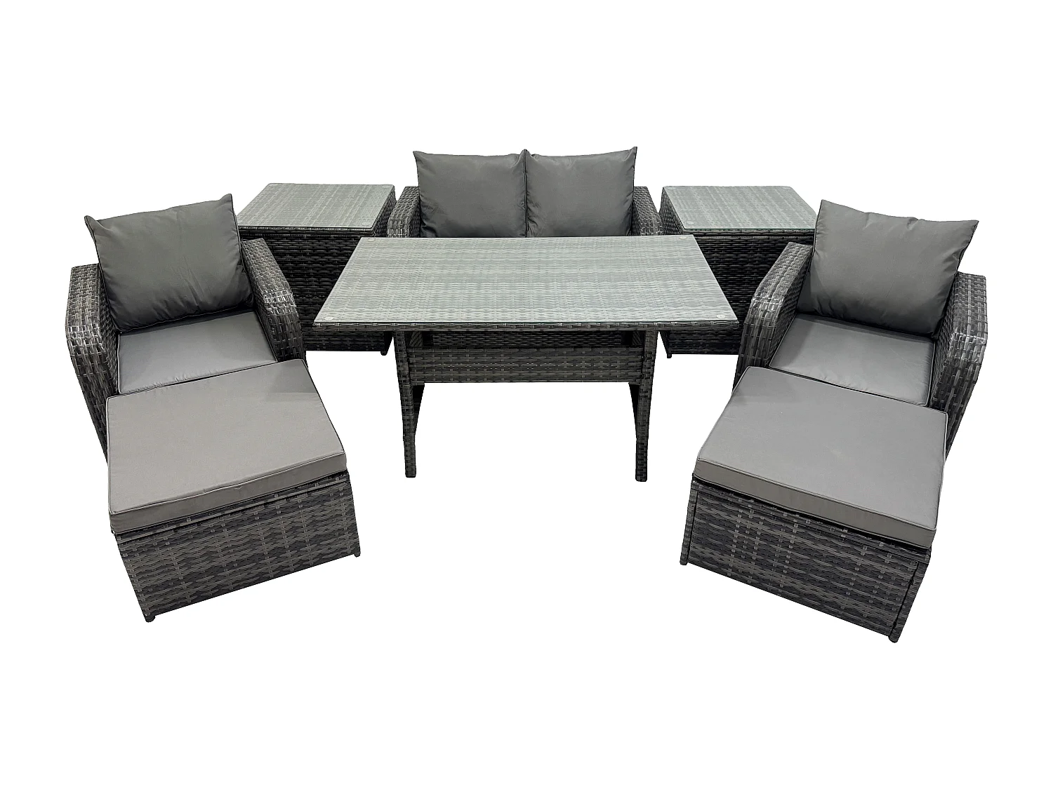 Fimous Rattan Outdoor Garden Furniture Set Rectangular Dining Table and Chair Sofa Set With 2 Side Tables 2 Big Footstool Dark Grey Mixed