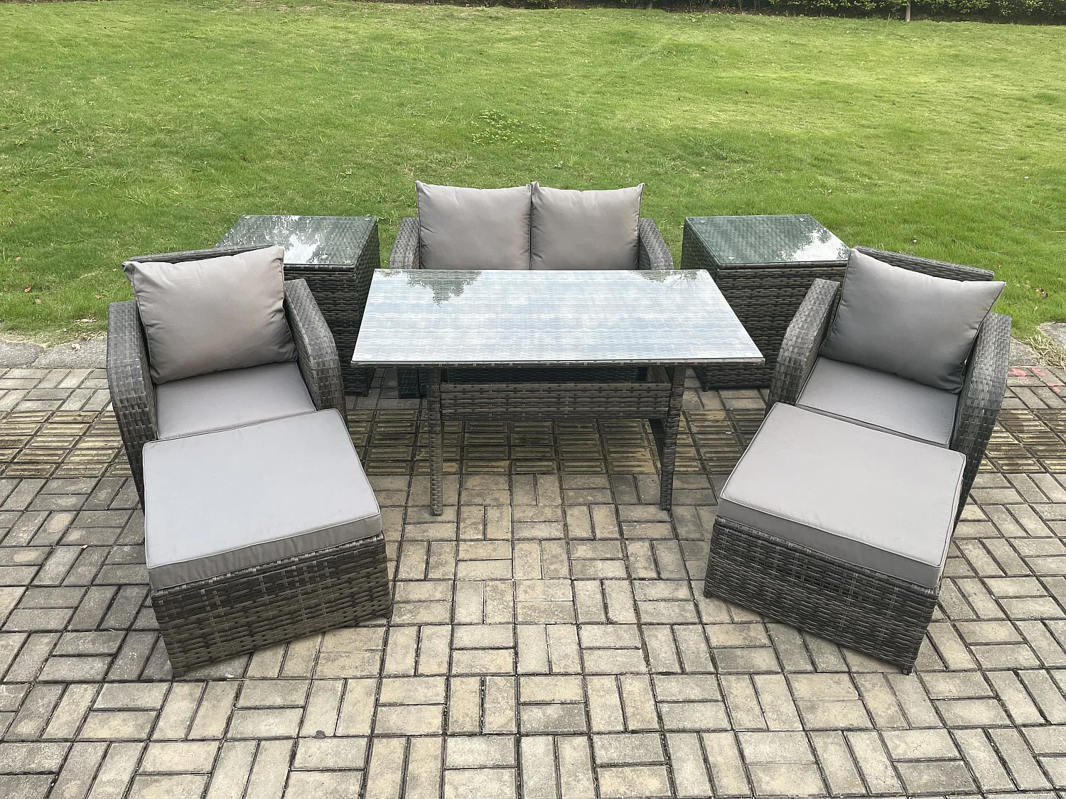 Fimous Rattan Outdoor Garden Furniture Set Rectangular Dining Table and Chair Sofa Set With 2 Side Tables 2 Big Footstool Dark Grey Mixed