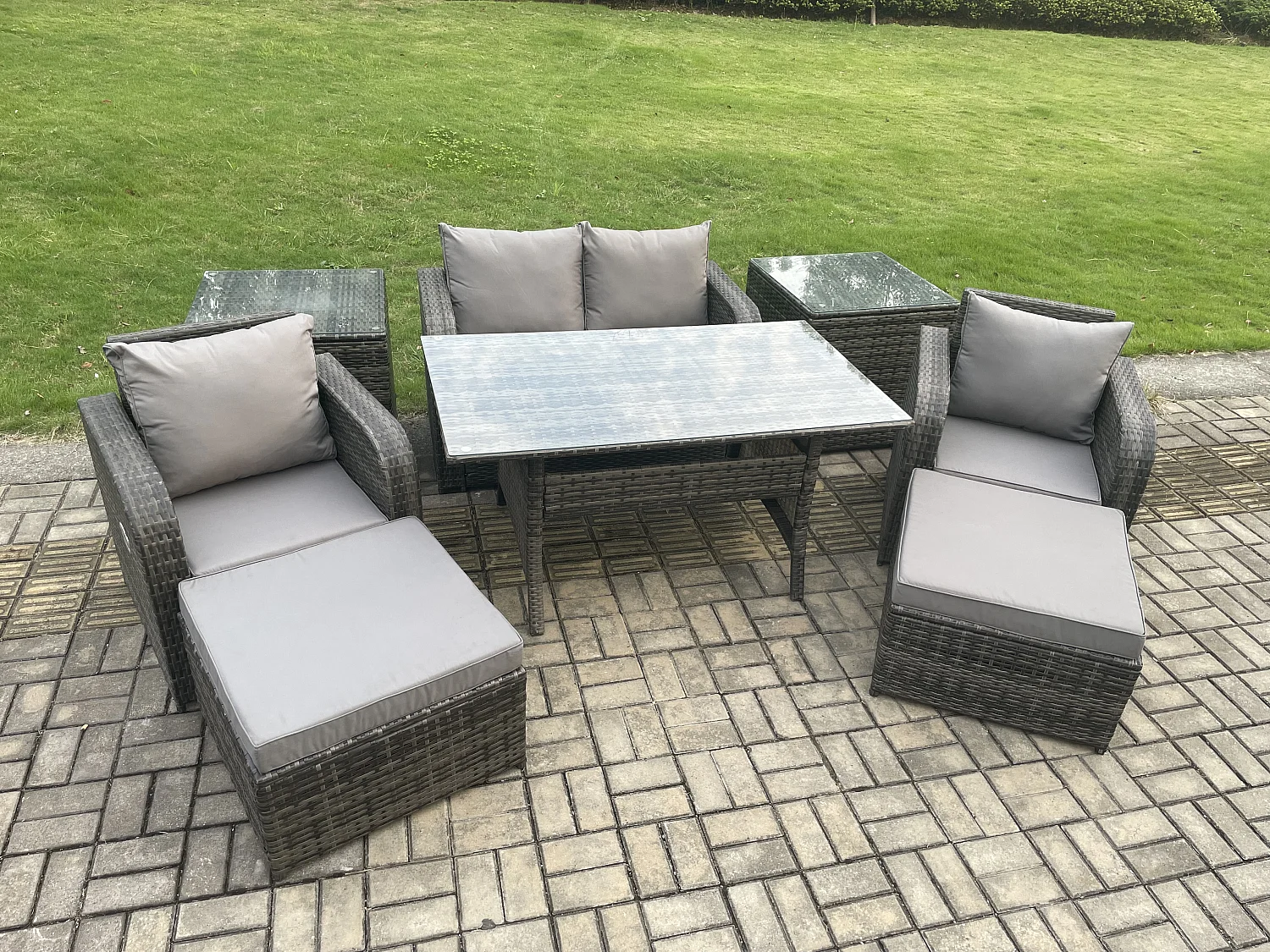 Fimous Rattan Outdoor Garden Furniture Set Rectangular Dining Table and Chair Sofa Set With 2 Side Tables 2 Big Footstool Dark Grey Mixed