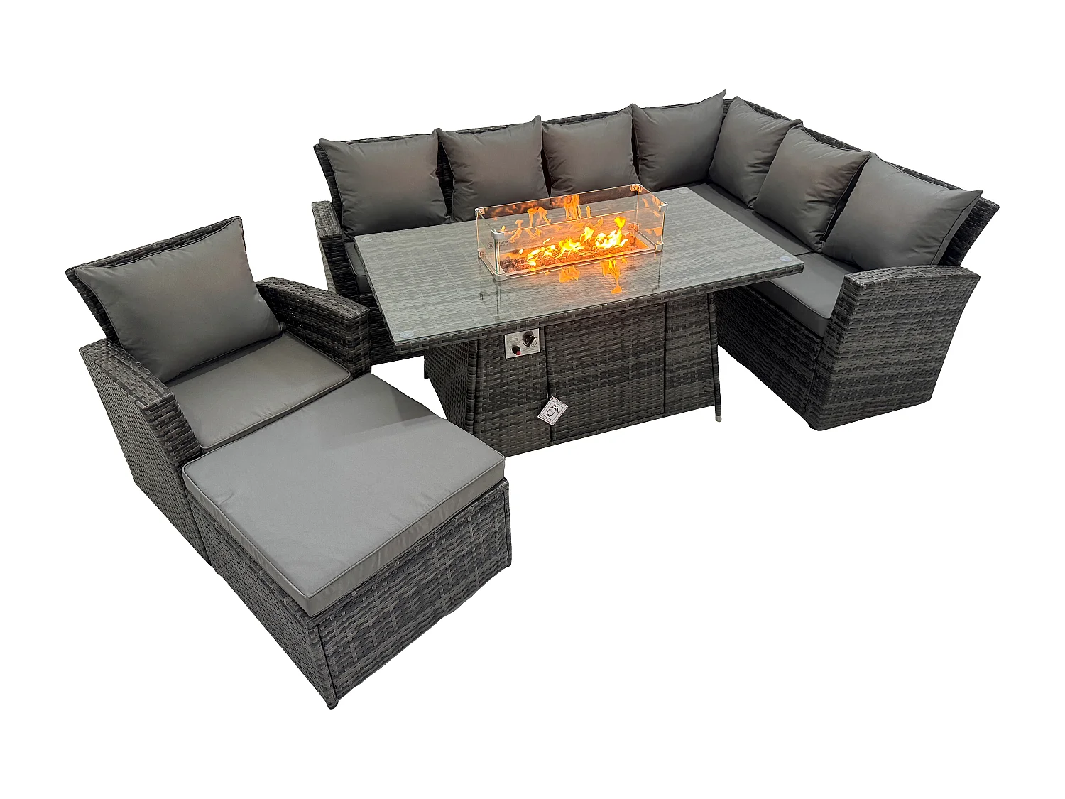 Fimous 8 Seater Outdoor Rattan Gas Fire Pit Sofa Dining Set Garden Furniture Heater Dining Table Chair Dark Grey Mixed Right Side