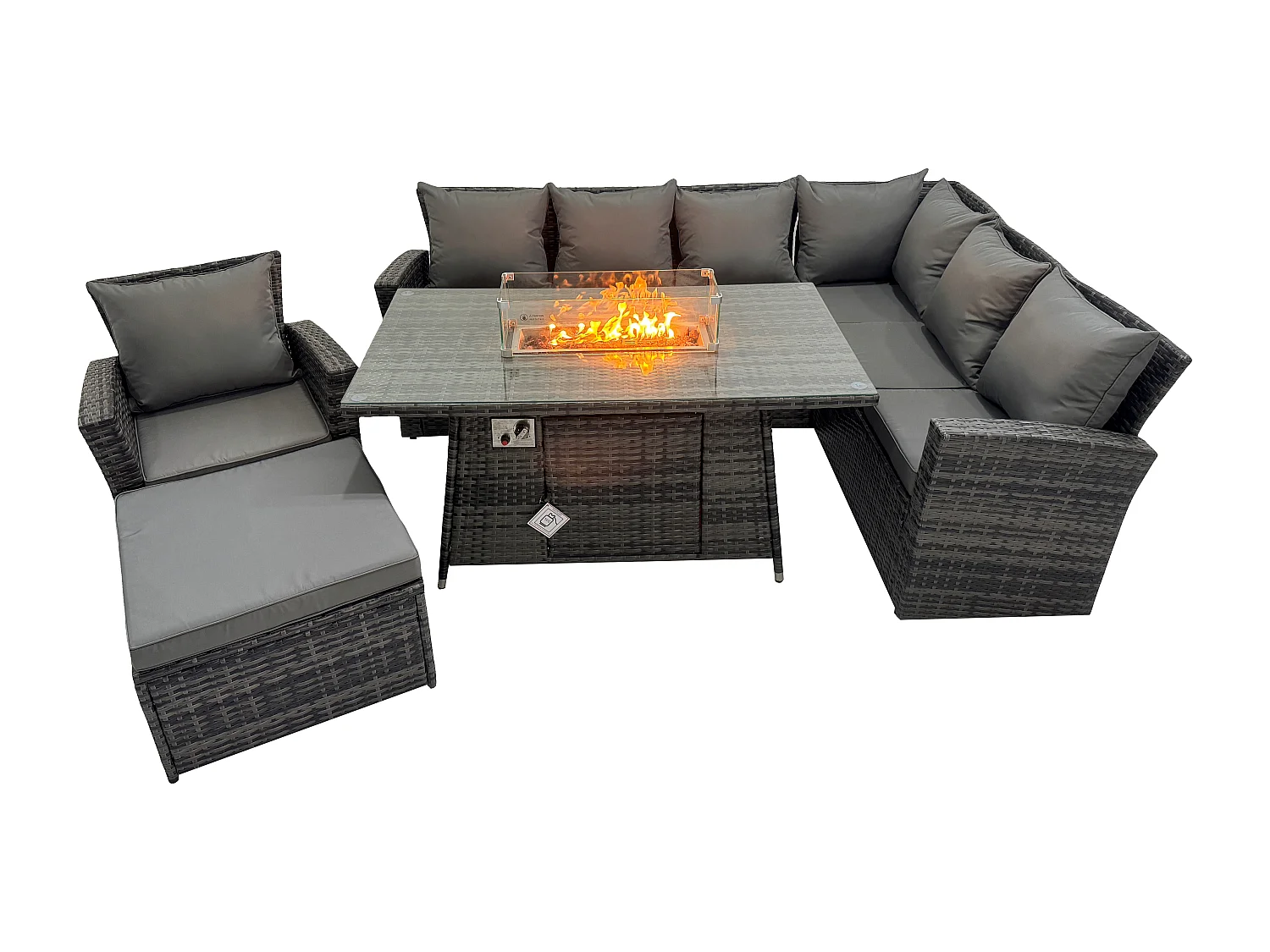 Fimous 8 Seater Outdoor Rattan Gas Fire Pit Sofa Dining Set Garden Furniture Heater Dining Table Chair Dark Grey Mixed Right Side
