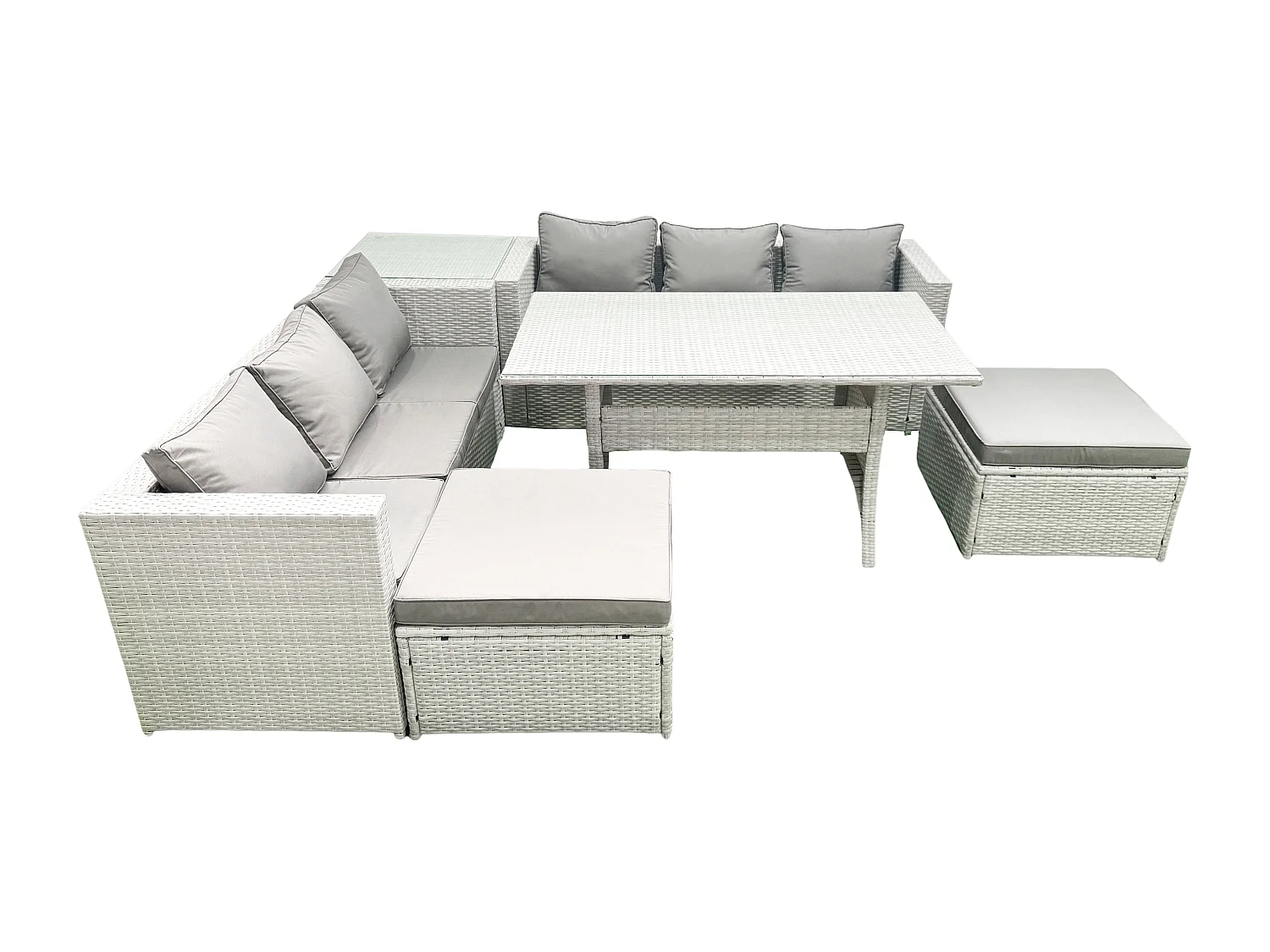 Fimous Rattan Garden Furniture Set 8 Seater Outdoor Sofa Set with Dining Table Side Table 2 Big Footstools Light Grey Mixed