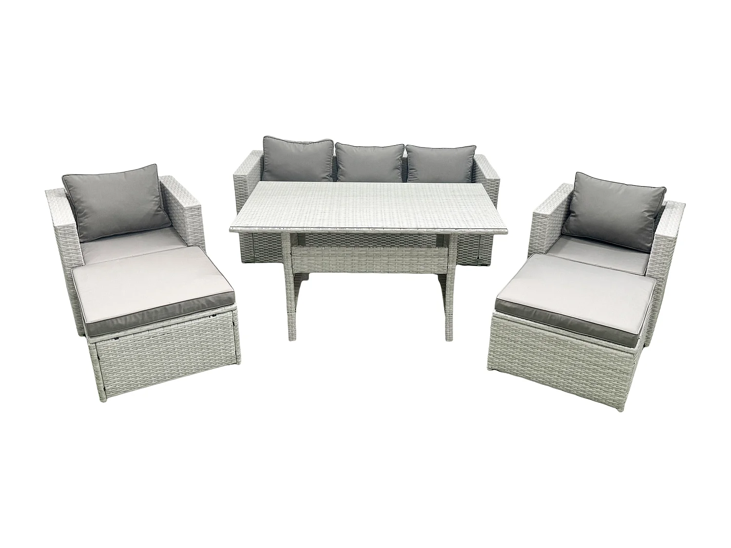 Fimous Garden Dining Set Outdoor Rattan Furniture Set with Sofa Dining Table 2 Chairs 2 Big Footstools Light Grey Mixed