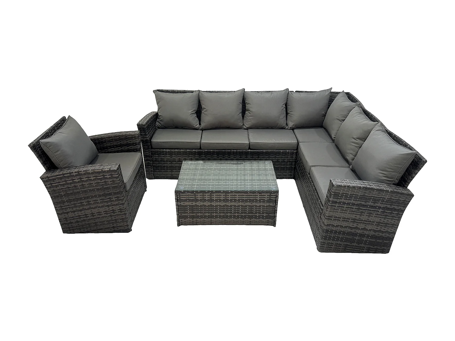 Fimous Rattan Garden Furniture Corner Sofa Set 4 Pieces Outdoor Patio Sofa Chair Table Set with Rectangular Coffee Table Dark Grey Mixed