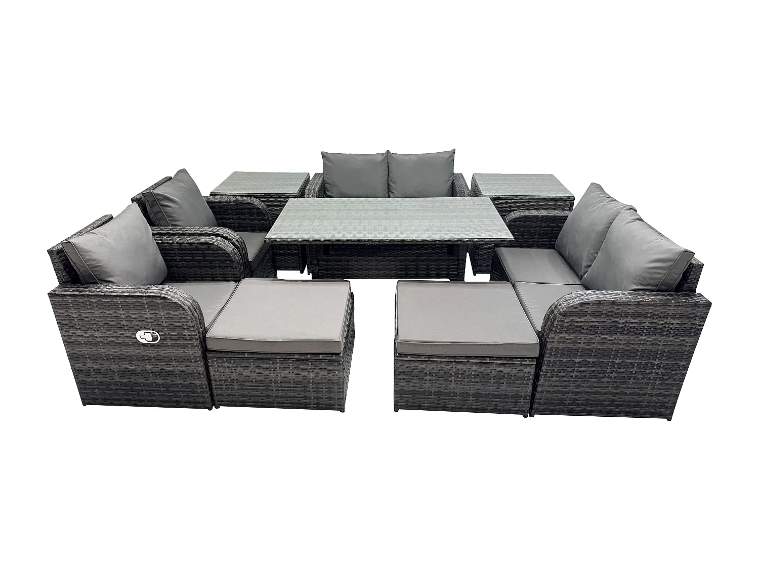 Fimous Outdoor Rattan Garden Furniture 9 piece Grey Patio Furniture Set 8 Seater Lounge Sofa Set with Rectangular Table Reclining Chairs 2 Big Stools 2 Side Tables