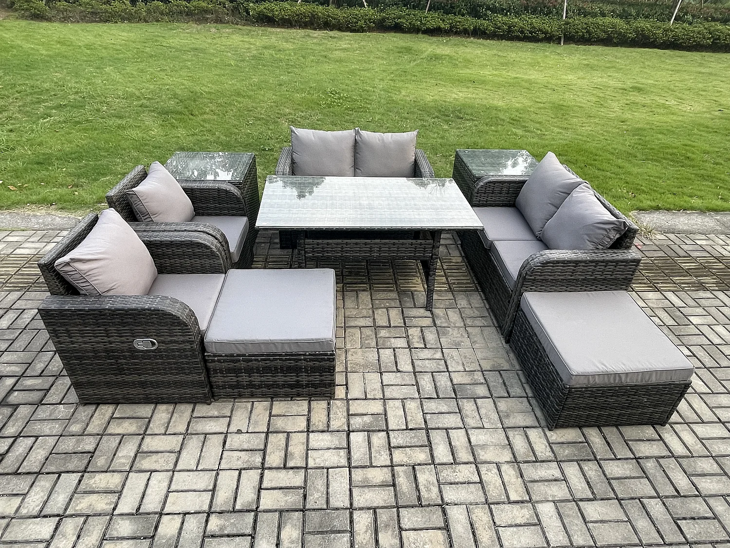 Fimous Outdoor Rattan Garden Furniture 9 piece Grey Patio Furniture Set 8 Seater Lounge Sofa Set with Rectangular Table Reclining Chairs 2 Big Stools 2 Side Tables
