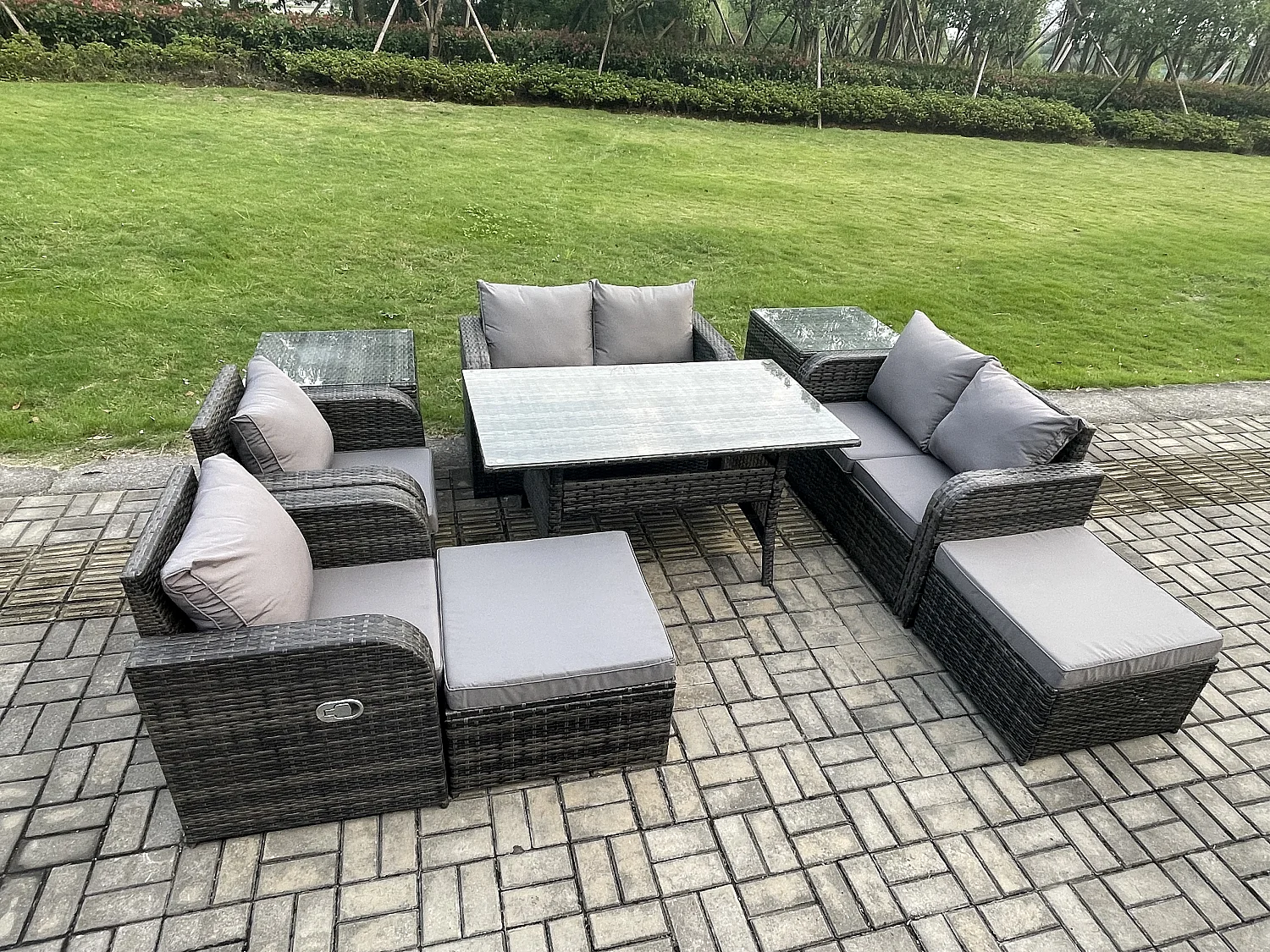 Fimous Outdoor Rattan Garden Furniture 9 piece Grey Patio Furniture Set 8 Seater Lounge Sofa Set with Rectangular Table Reclining Chairs 2 Big Stools 2 Side Tables