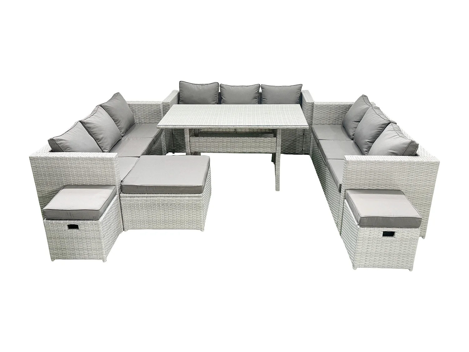 Polyrattan Gartenmöbel Set 12 Sitzer Garten Sofa Rechteckiger Esstisch Set mit 3 Fußhockern Hellgrau gemischt