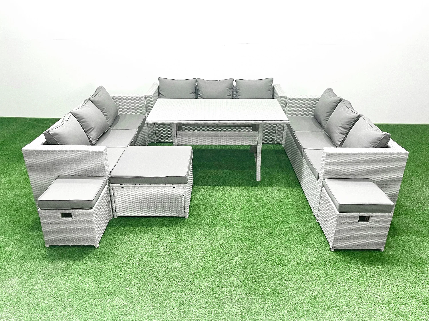 Polyrattan Gartenmöbel Set 12 Sitzer Garten Sofa Rechteckiger Esstisch Set mit 3 Fußhockern Hellgrau gemischt