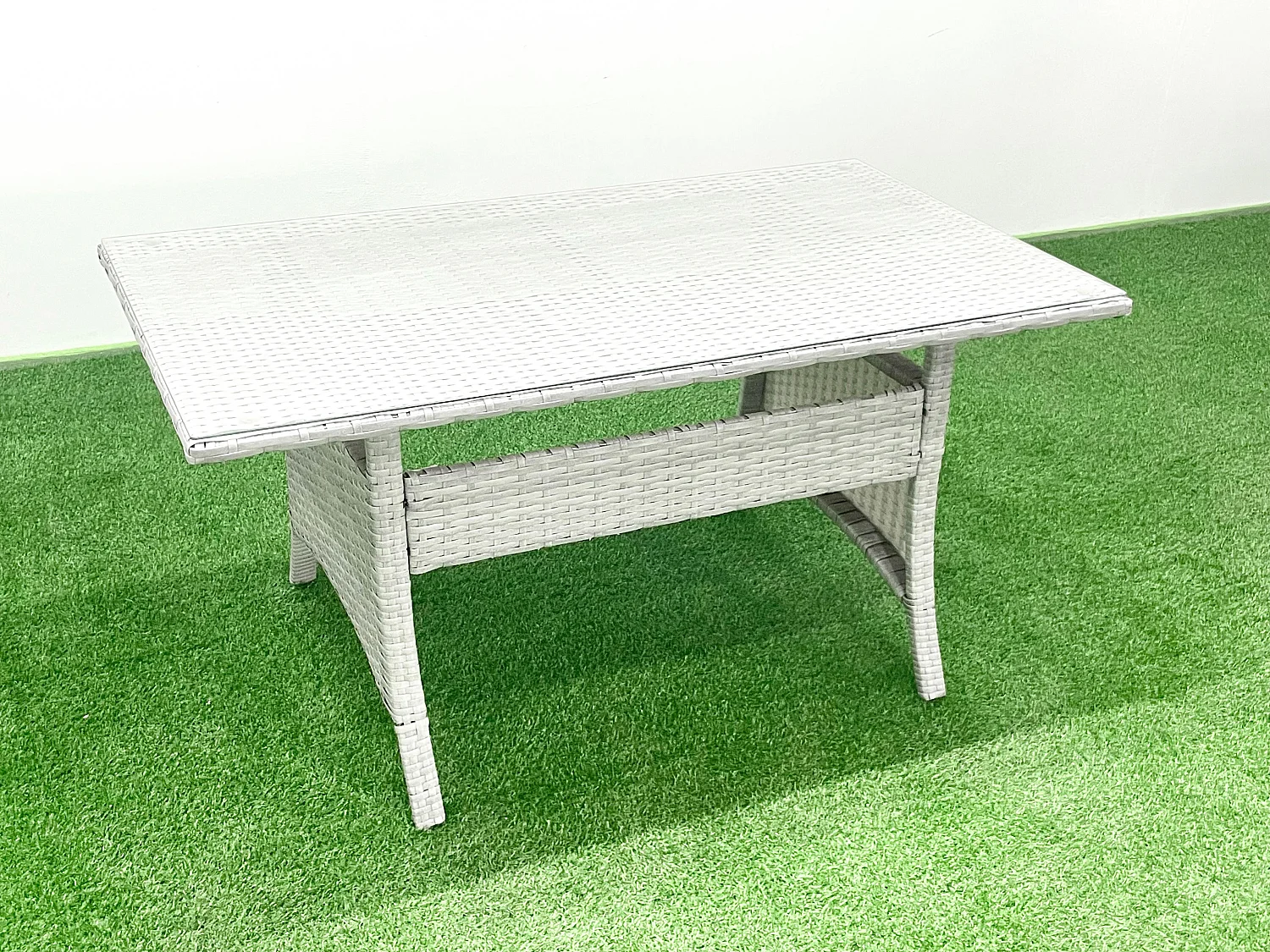 Polyrattan Gartenmöbel Set 12 Sitzer Garten Sofa Rechteckiger Esstisch Set mit 3 Fußhockern Hellgrau gemischt