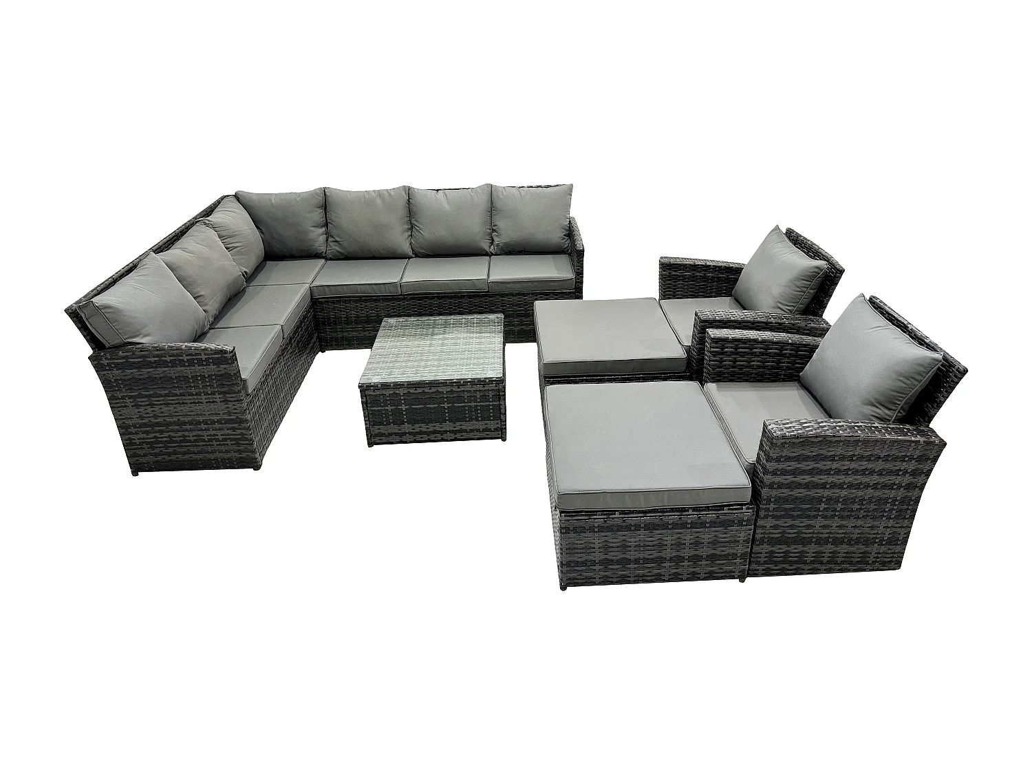 Fimous 10 Seater Outdoor Garden Furniture Set Wicker PE Rattan Corner Sofa Set with Square Coffee Table 2 Big Footstool 2 Armchairs Dark Grey Mixed
