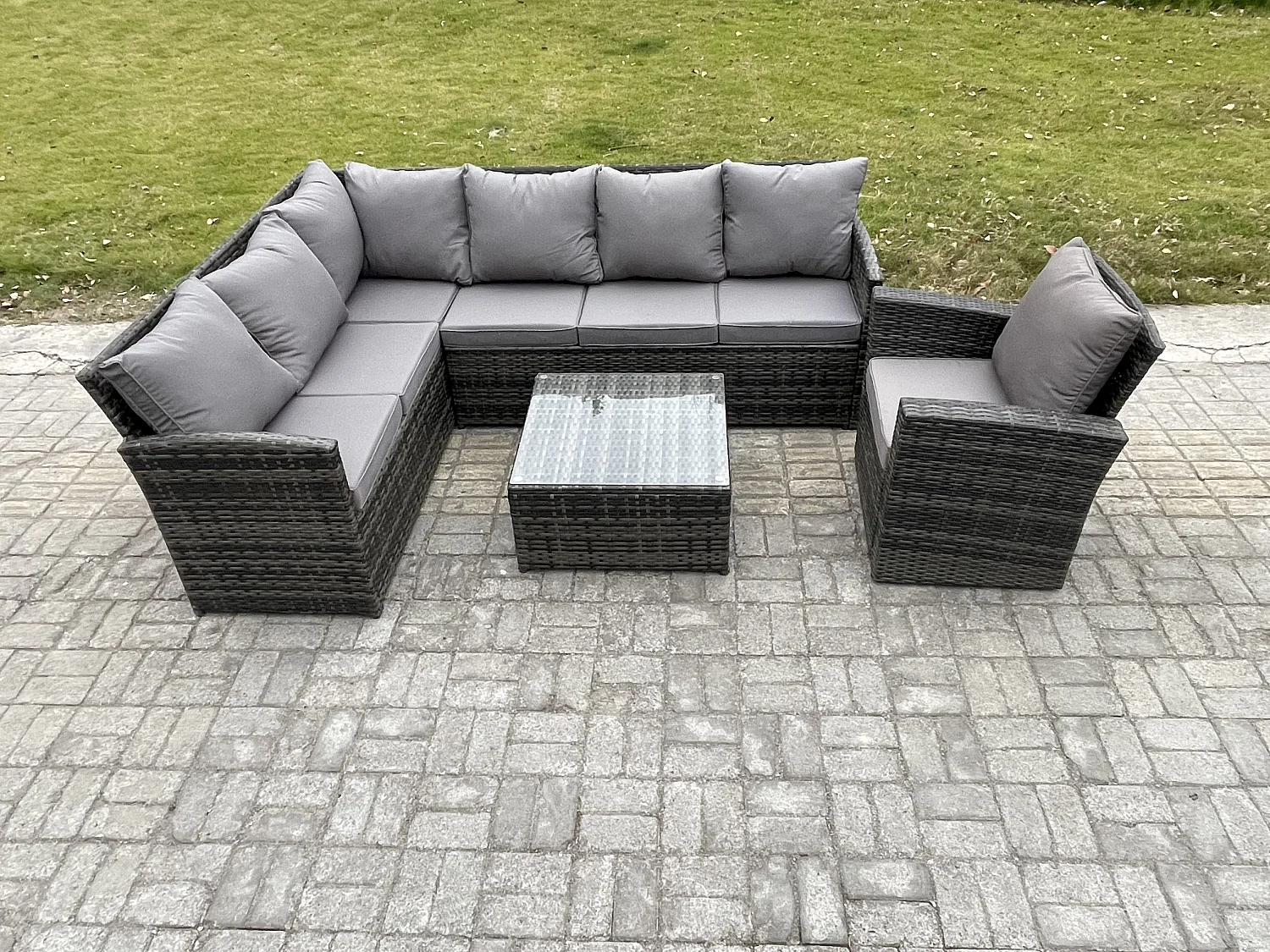 7 Sitzer Rattan Gartenmöbel Set Ecksofa Set aus Polyrattan mit Quadratischer Couchtisch Sesselns Dunkelgrau gemischt