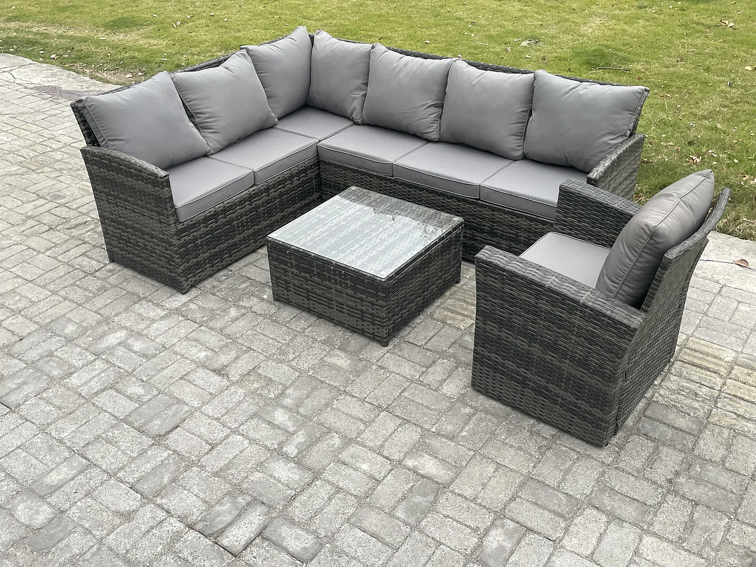 7 Sitzer Rattan Gartenmöbel Set Ecksofa Set aus Polyrattan mit Quadratischer Couchtisch Sesselns Dunkelgrau gemischt
