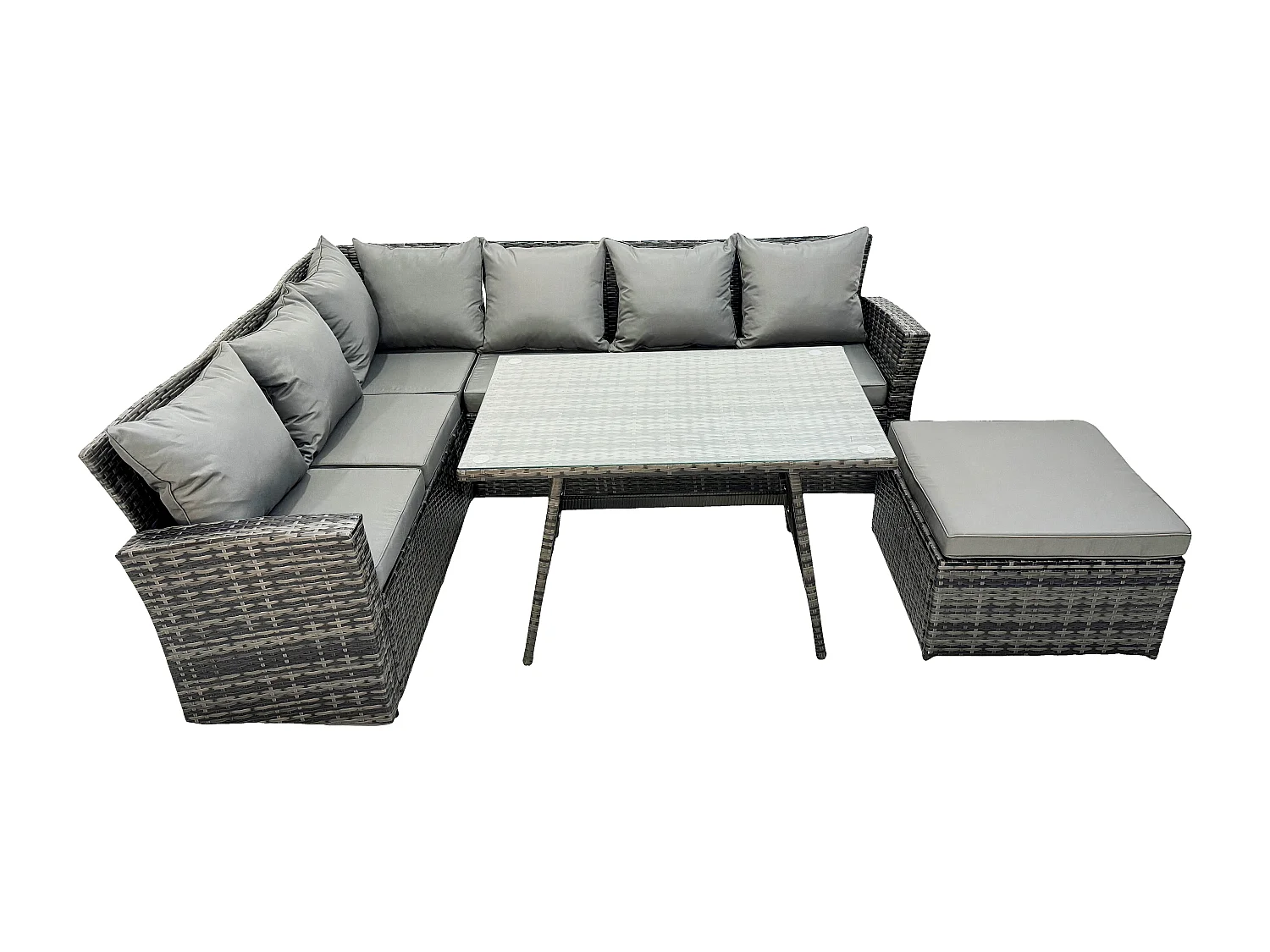 Gartenlounge Set Rattan Ecksofa Set mit Rechteckiger Esstisch Großer Fußhocker Dunkelgrau gemischt