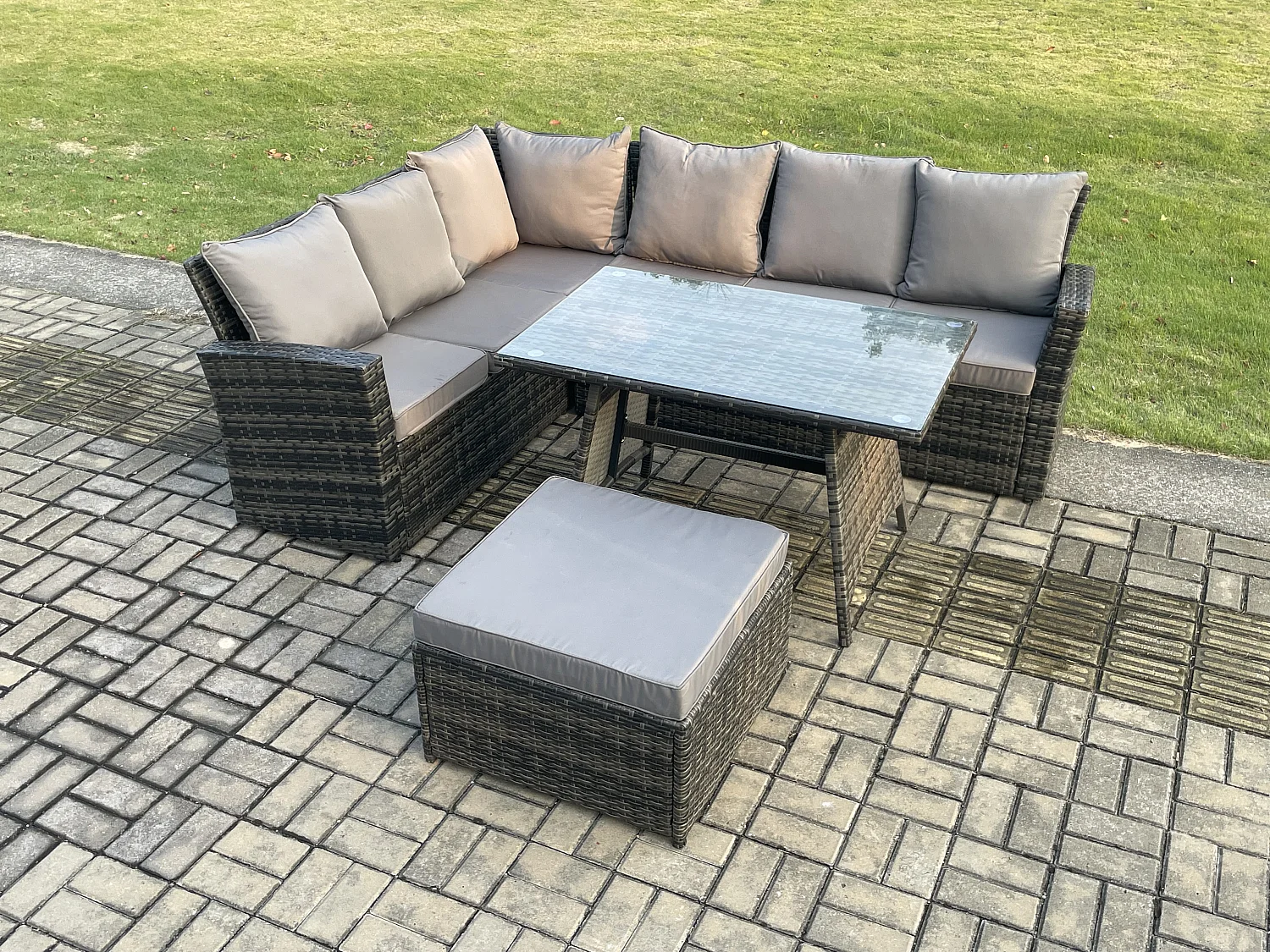 Gartenlounge Set Rattan Ecksofa Set mit Rechteckiger Esstisch Großer Fußhocker Dunkelgrau gemischt