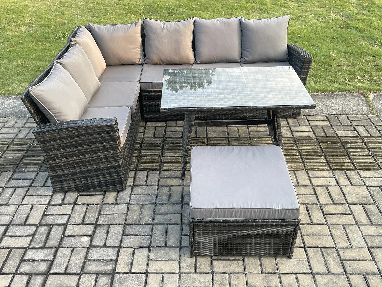 Gartenlounge Set Rattan Ecksofa Set mit Rechteckiger Esstisch Großer Fußhocker Dunkelgrau gemischt
