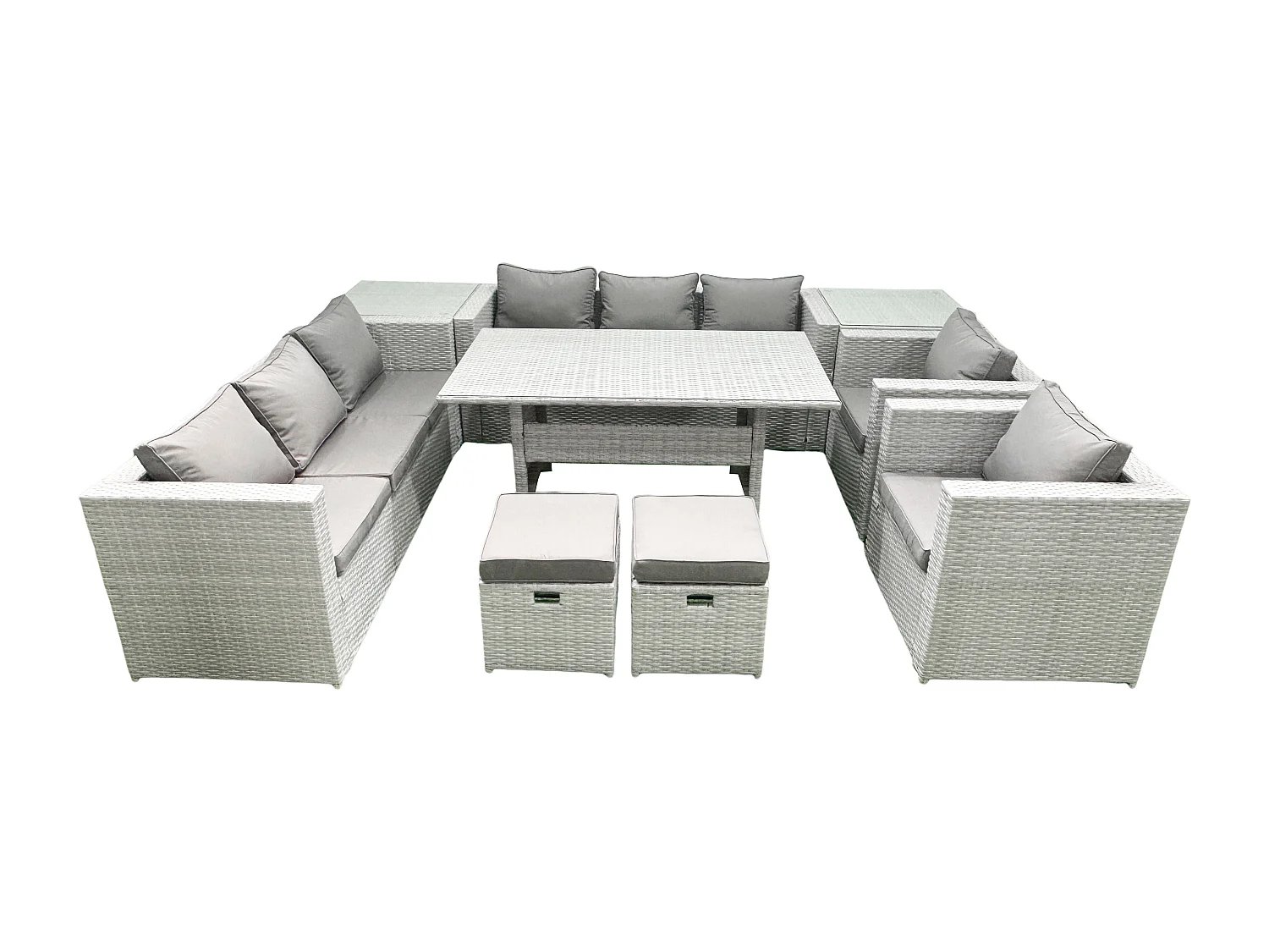 Rattan Gartenmöbel-Set Outdoor 8 Sitzer mit Esstisch 2 Sesseln 2 Beistelltischen 2 kleine Fußhockern Hellgrau