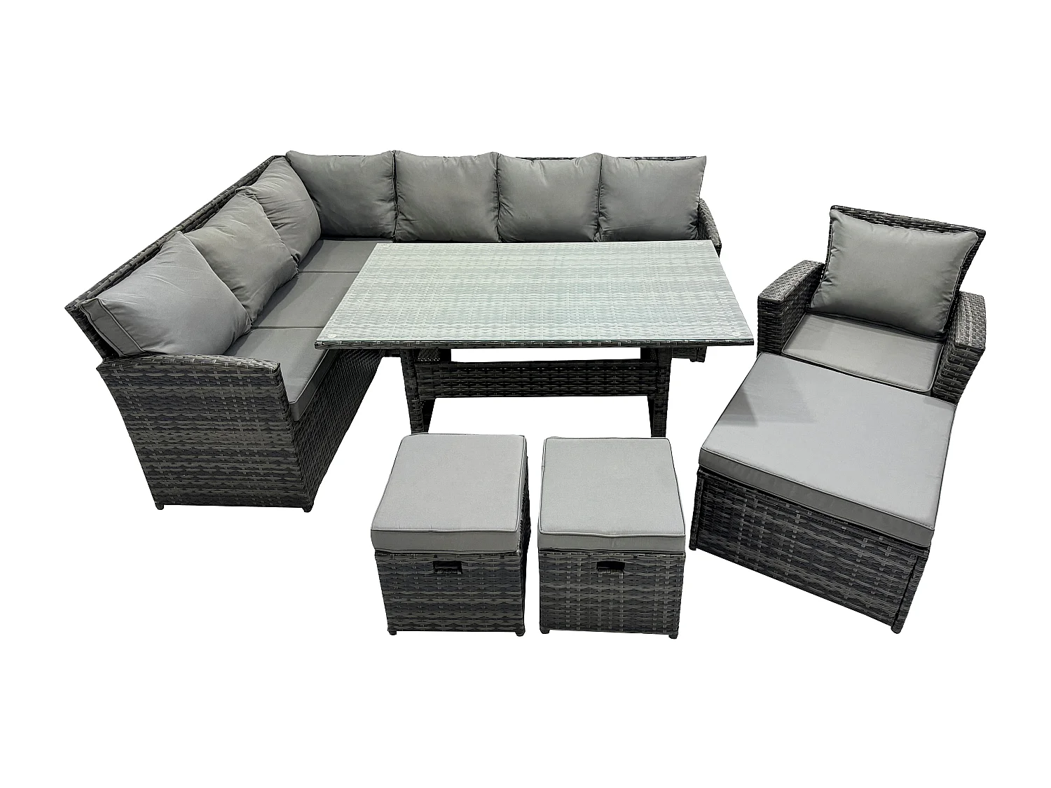 10 Sitzer Outdoor Rattan Gartenmöbel-Set mit Rechteckiger Esstisch 3 Hockern Sessel Dunkelgrau gemischt