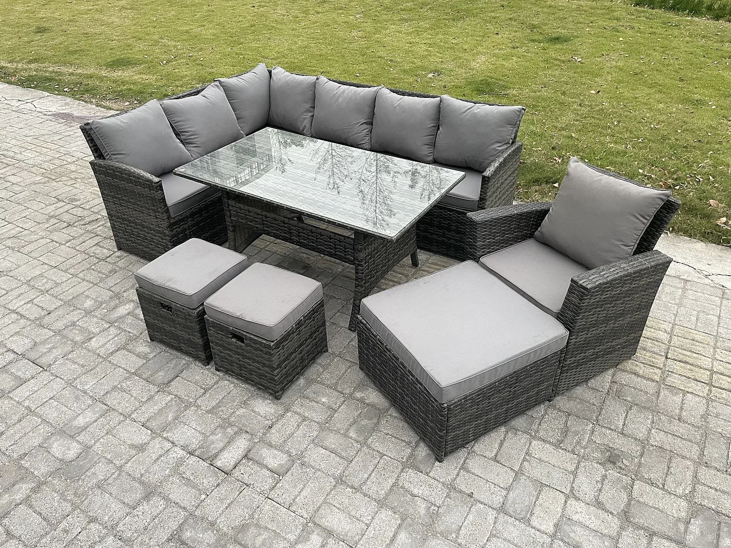 10 Sitzer Outdoor Rattan Gartenmöbel-Set mit Rechteckiger Esstisch 3 Hockern Sessel Dunkelgrau gemischt