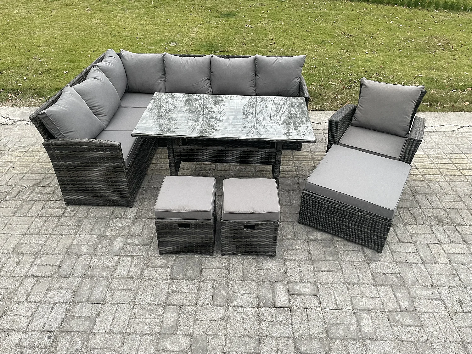 10 Sitzer Outdoor Rattan Gartenmöbel-Set mit Rechteckiger Esstisch 3 Hockern Sessel Dunkelgrau gemischt