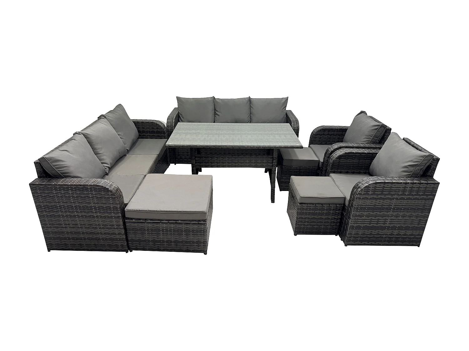 Fimous Outdoor Garden Patio Furniture Wicker Rattan Oblong Rectangular Dining Table and Lounge Sofa set with Adjustable Chair 3 Footstool Dark Grey Mixed