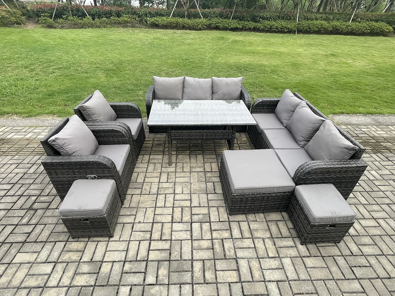 Fimous Outdoor Garden Patio Furniture Wicker Rattan Oblong Rectangular Dining Table and Lounge Sofa set with Adjustable Chair 3 Footstool Dark Grey Mixed