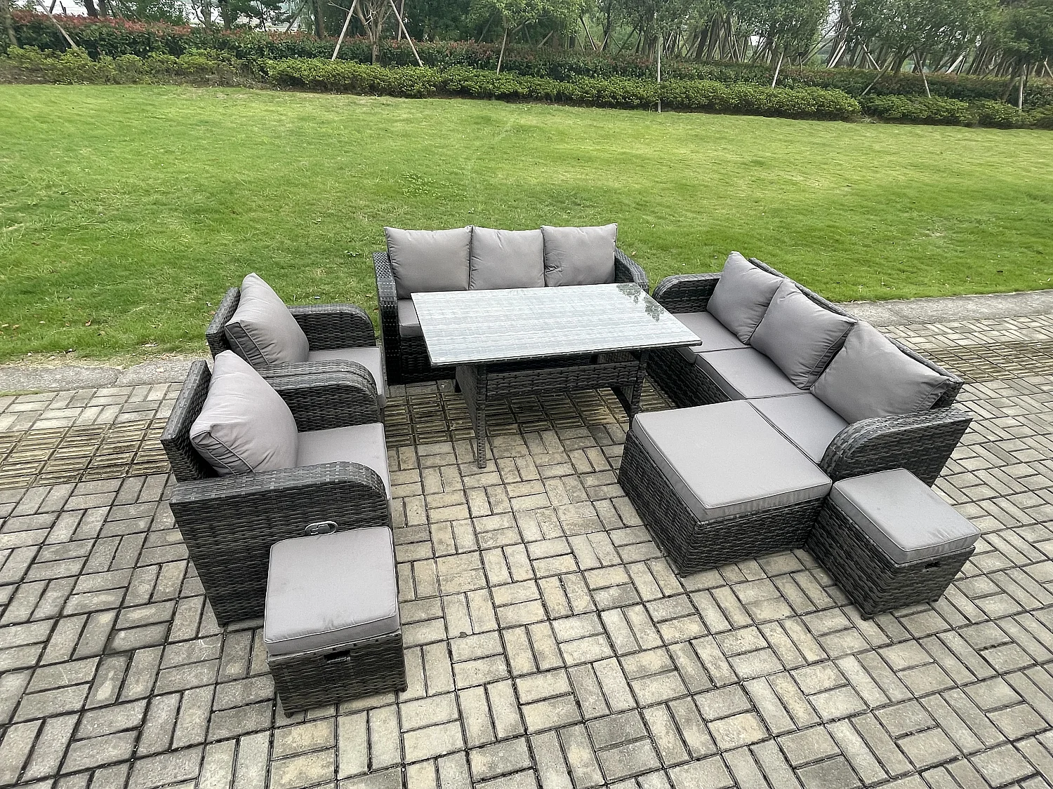 Fimous Outdoor Garden Patio Furniture Wicker Rattan Oblong Rectangular Dining Table and Lounge Sofa set with Adjustable Chair 3 Footstool Dark Grey Mixed