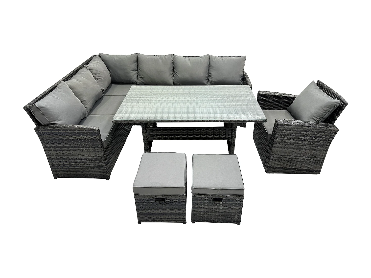 Fimous Outdoor Rattan Garden Furniture Corner Sofa Set with Rectangular Dining Table 2 Small Footstools Armchair Patio Wicker Rattan Set Dark Grey Mixed