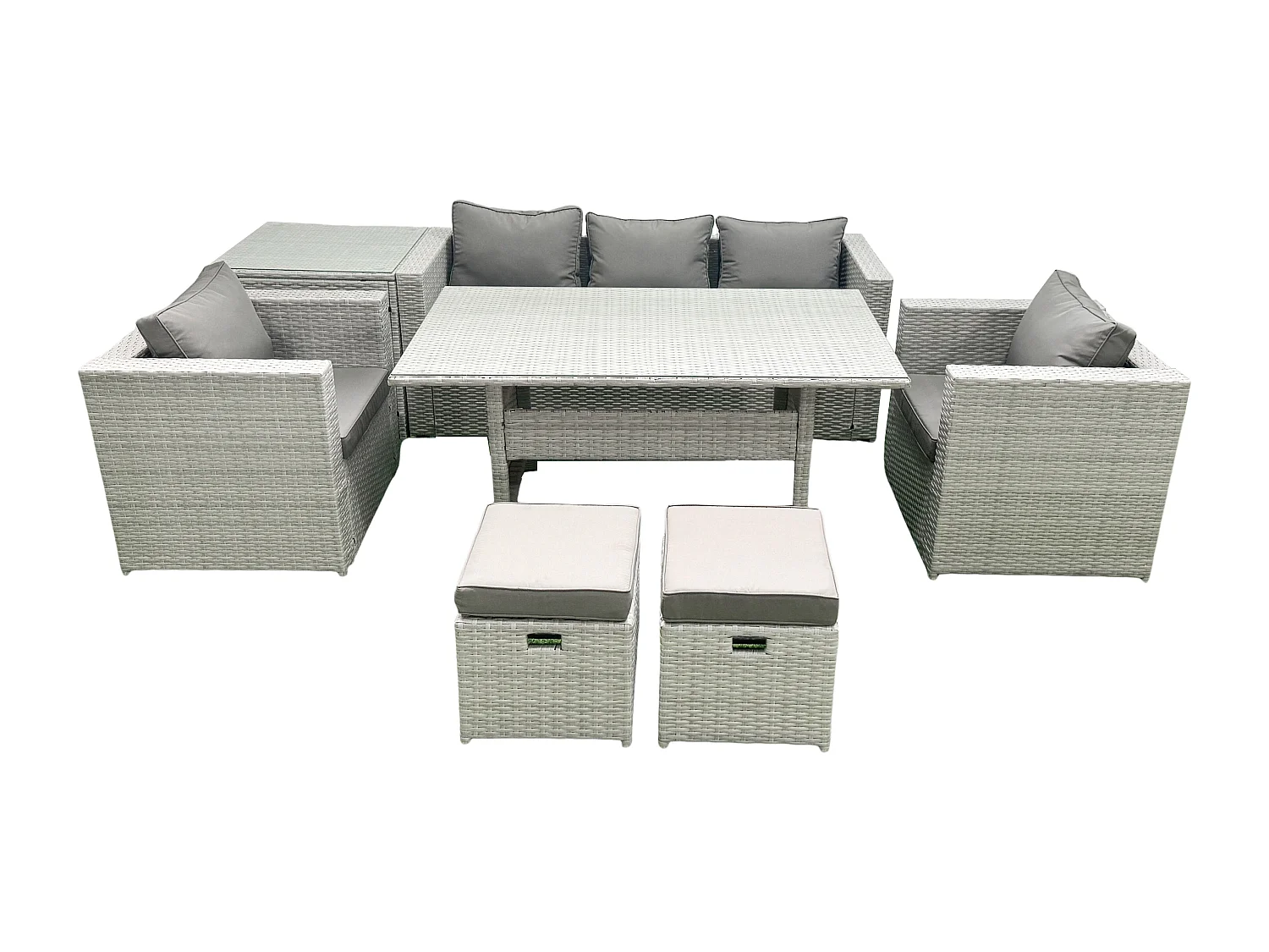 Fimous Garden Dining Set Outdoor Rattan Furniture Set with Sofa Dining Table 2 Chairs 2 Small Footstools Side Table Light Grey Mixed