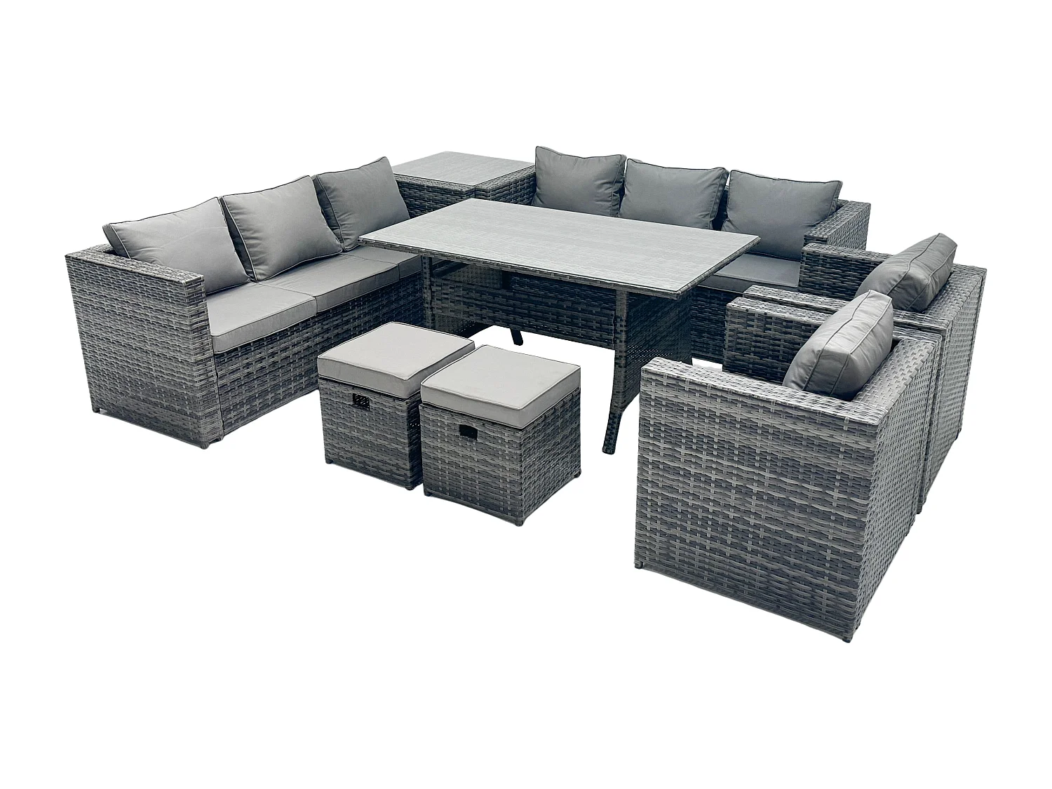 Fimous Outdoor Garden Furniture Rattan Lounge Sofa Set Patio Rectangular Dining Table with 2 Armchair Side Table 2 Small Footstool 10 Seater Dark Grey Mixed