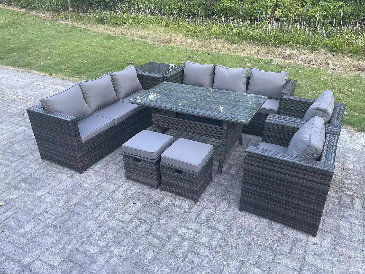 Fimous Outdoor Garden Furniture Rattan Lounge Sofa Set Patio Rectangular Dining Table with 2 Armchair Side Table 2 Small Footstool 10 Seater Dark Grey Mixed