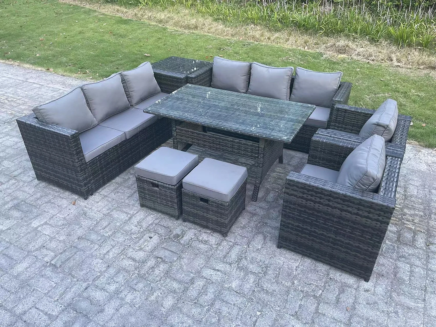 Fimous Outdoor Garden Furniture Rattan Lounge Sofa Set Patio Rectangular Dining Table with 2 Armchair Side Table 2 Small Footstool 10 Seater Dark Grey Mixed