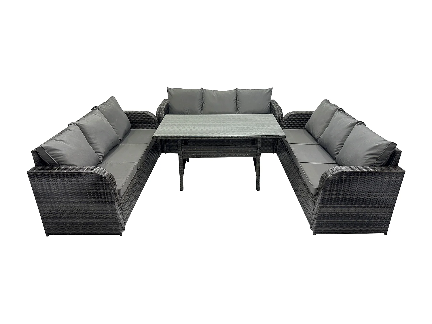 Fimous Patio Rattan Garden Furniture Set with Oblong Rectangular Dining Table 9 Seater Outdoor Lounge Sofa Set Dark Grey Mixed